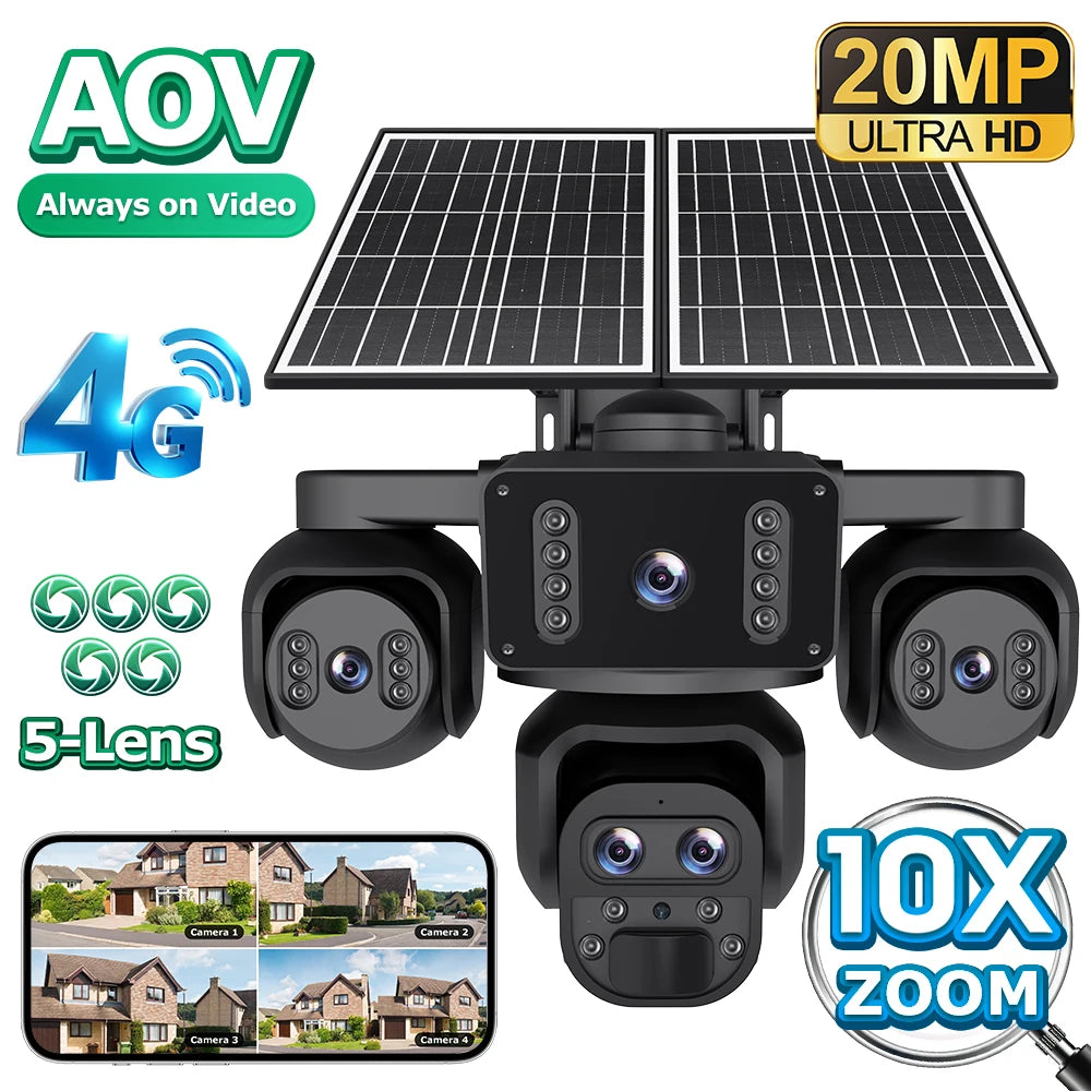 SHIWOJIA 20MP 10X ZOOM Camara Solar 4G SIM 5 Lens 4 Screens Security Protection 360° Auto Tracking Home Surveillance Systems
